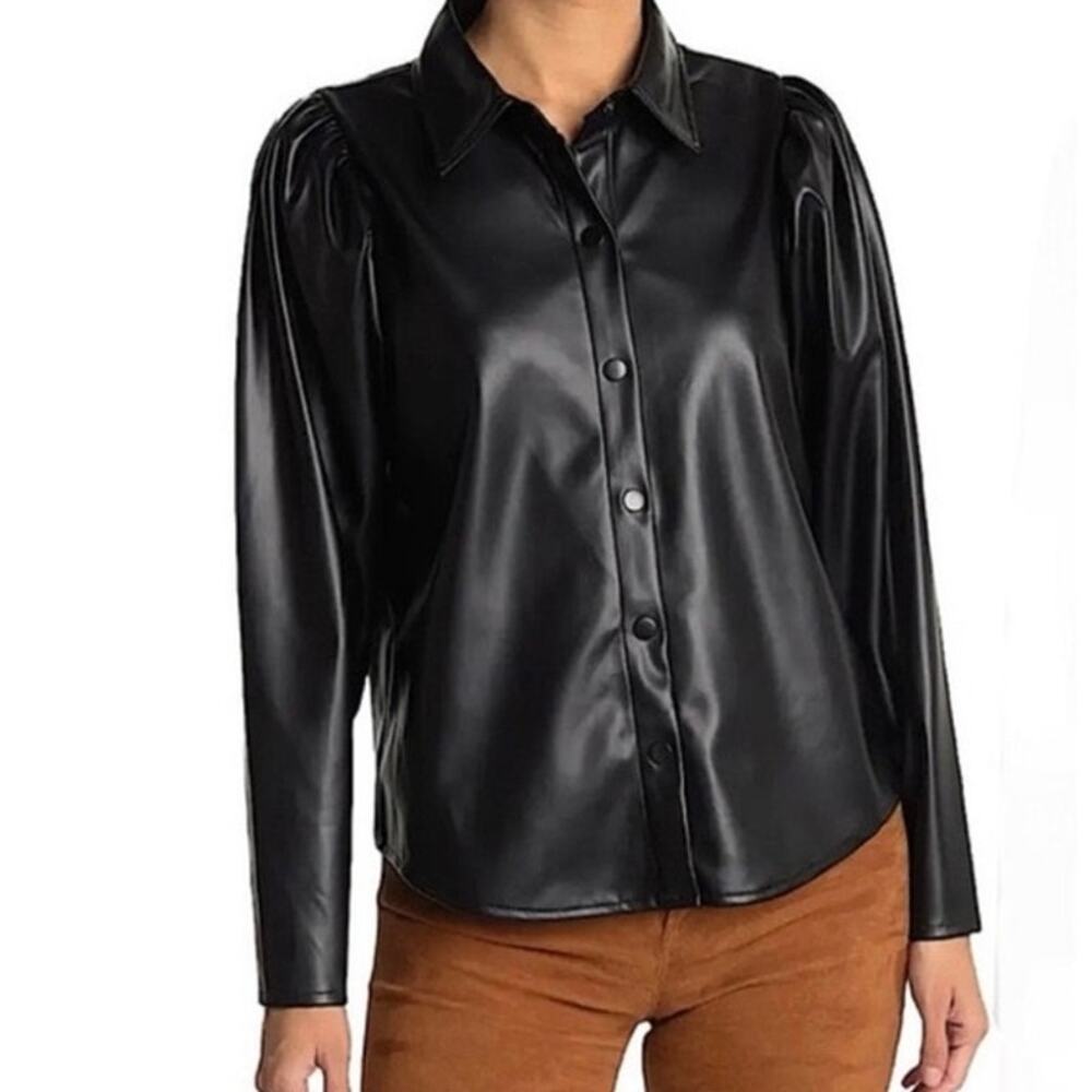 Laundry by Shelli Segal Faux Leather Puff Sleeve Button Up Shirt Jacket Small